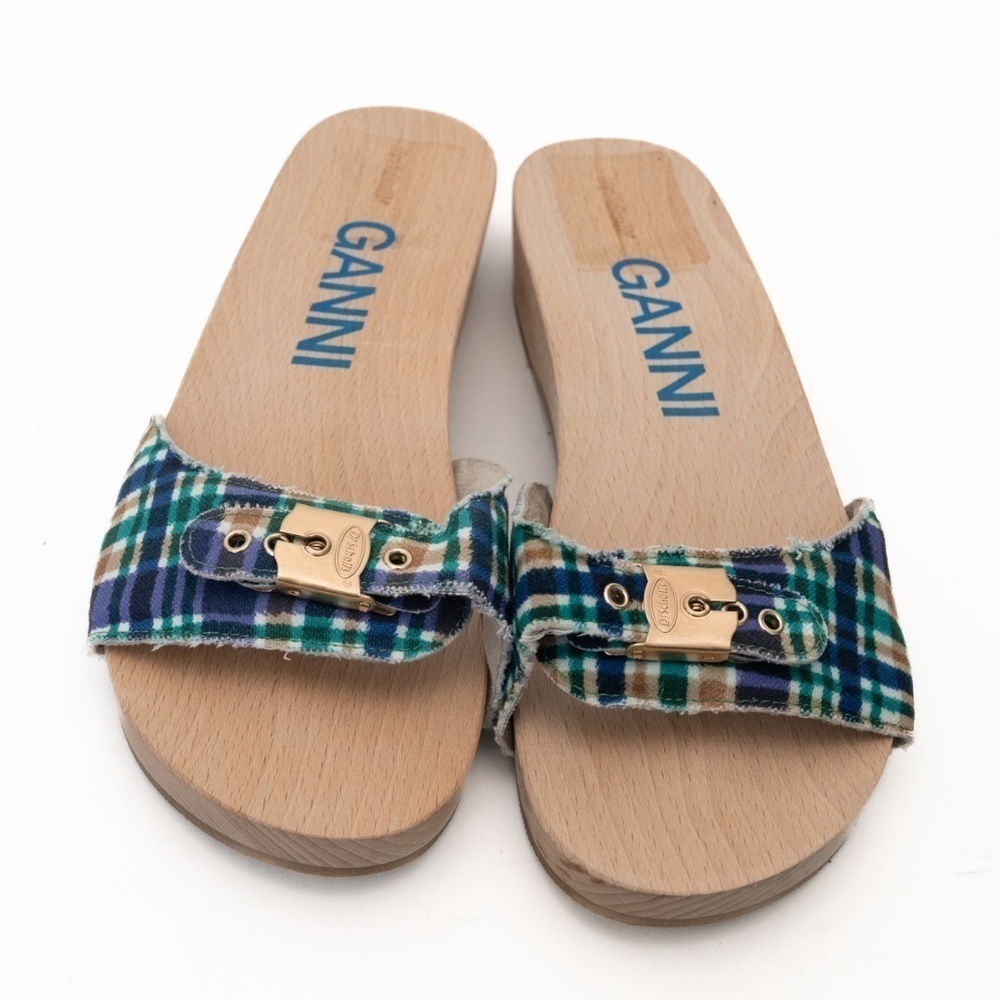 Ganni X Scholl. Wooden Clogs in Check Blue Iris. - Picture 11 of 11